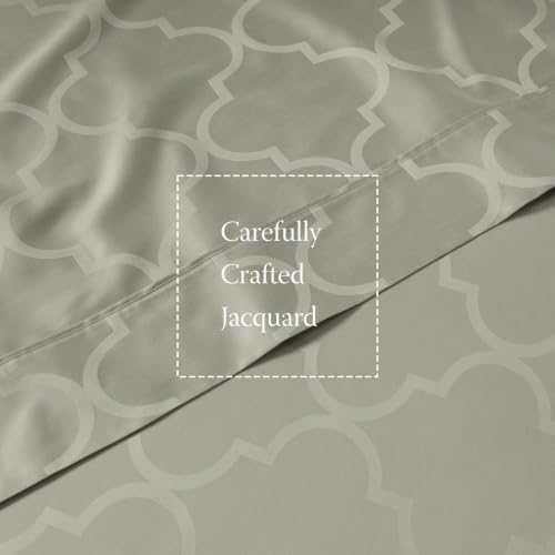 Image of Threadmill 300 Thread Count Cotton Full Sheet Set, Sateen, Damask, Sage | 100% Cotton, Sateen Weave, Damask Pattern, 4-Piece Set, 16 inch Deep Pocket, Cooling, Fade-Resistant, OEKO-TEX Certified
