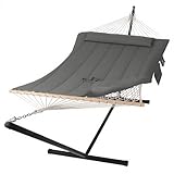 SUNCREAT Double Outdoor Hammock with Stand, Two Person Cotton Rope Hammock with...