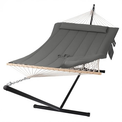 SUNCREAT Double Outdoor Hammock with Stand, Two Person Cotton Rope Hammock with Polyester Pad, Dark Gray