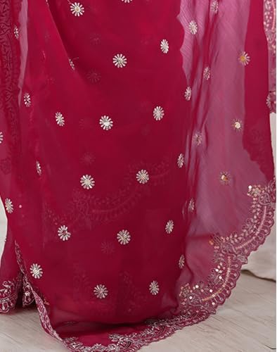 Image of Satrani Women's Shimmer Chiffon Dual Tone Scalloped Border Sequins Embroidery Saree with Unstitched Blouse Piece