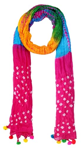 Image of Handcrafted Dupatta Cotton Blend Multicolored Printed Design with Beads & Pom Pom Tassels Chunni /Dupatta (21-M)