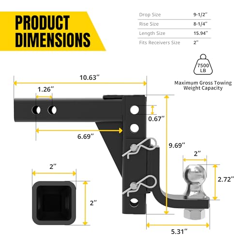 Image of MaxxHaul Adjustable Trailer Hitch Ball Mount with Locking Hitch Pin and Stabilizer, Fits 2 inch Receivers, Anti-Rattle Design with Rubber Stabilizer Pad, 7,500 lb GTW Capacity (51188)