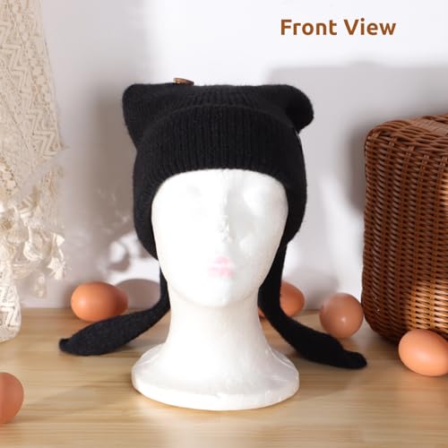 Bunny Beanie Hats for Women Cute Rabbit Ear Beanie Crochet Hats Winter Cap Warm Skull Cap Outdoor Ski Slouchy Black3