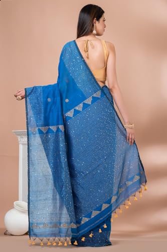 Image of Handloom Muslin Tissue Jamdani Cotton Silk Saree with Sequins Blouse