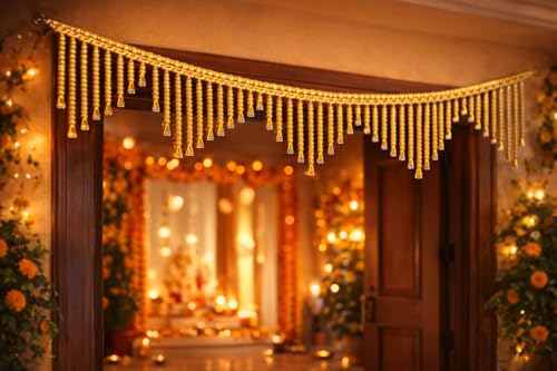Image of Decorative Golden Beads Toran for Door | Handmade Look Hanging Bandarwal | 3 Feet Length | Lightweight & Reusable Festive Home Decor for Diwali, Pooja & Wedding