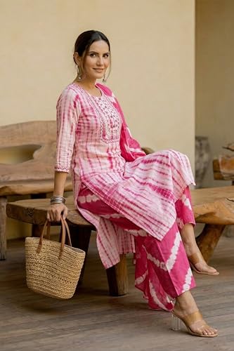Image of MIRCHI FASHION Pure Cotton Women Straight Embellished Ajrakh Print Kurti Set with Dupatta and Pant