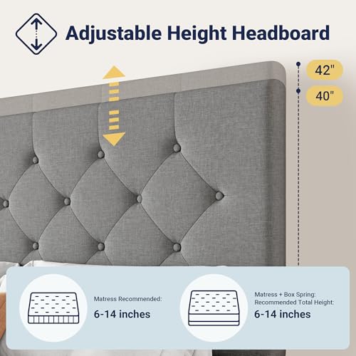 Allewie Upholstered Full Size Platform Bed Frame with 4 Storage Drawers and Headboard, Diamond Stitched Button Tufted, Mattress Foundation with Wooden Slats Support, No Box Spring Needed, Light Grey