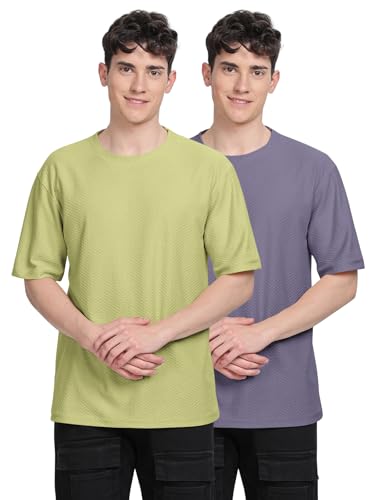 Image of BULLMER Trendy Textured Half Sleeve Oversized Hexagon Waffle Crew Neck Tshirt for Men-Pack of 2