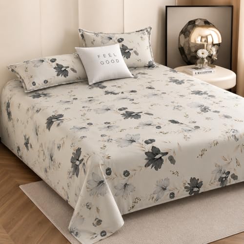 Image of Cotton Feel King Size Flat Bedsheet for Double Bed (90 x 100 Inches | 230 x 250 cm) with 2 Pillow Covers | Soft & Smooth Printed Bedsheet for Daily Use (WhiteNew, King Bed-90x100)