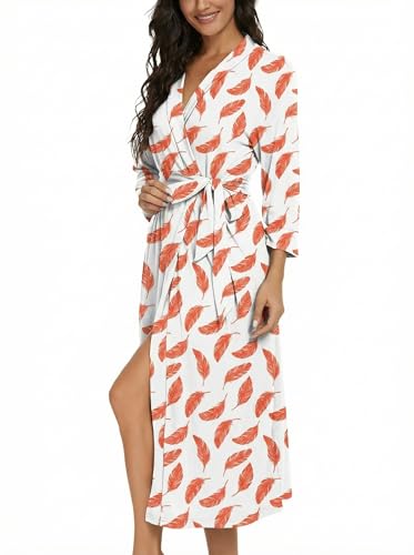 Image of VINTATRE Robes for Women Long Knit Bathrobe XS-4XL | 3 /4 Sleeve Bathrobes with Pockets, Stretchy and Lightweight Fabric, Inner Tie and Fixed Outer Matching Belt, Mid Calf Length