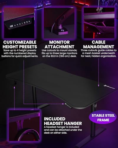 Image of Arozzi Arena Moto Gamer Desk - 63x32 inch Electric Standing PC Gaming Desk with Storage for Cables - Dual Motor Steel Frame & Full-Surface Washable Mousepad - Pure Black