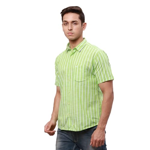 Image of Park Avenue Men's Pure Cotton Chambray Pattern Slim Fit Ainsley Collar Half Sleeve Casual Shirt