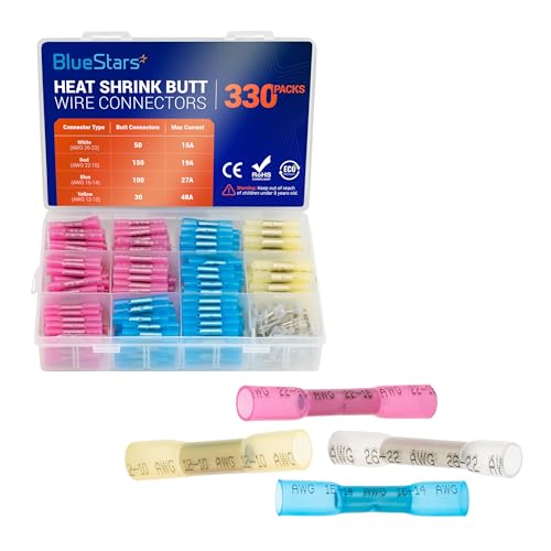BlueStars 330 PCS Heat Shrink Butt Wire Connectors-Marine Grade Waterproof Electrical Crimp Connectors Kit-Tinned Copper Insulated, for Marine, Automotive, Boat, Truck, Stereo, Joint(4 Colors/4 Sizes)