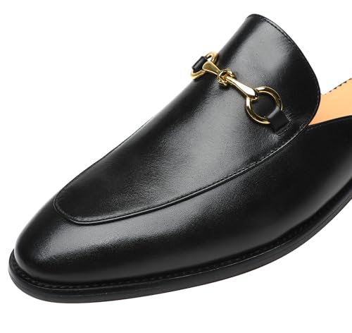 ELANROMAN Men's Loafers Backless Genuine Leather Mules Horse Buckle Shoes4