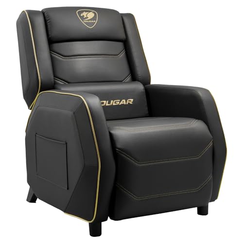 COUGAR Gaming | Silla Gaming | Ranger S Royal - Sofá negro y dorado - Piel PVC - Reposacabezas y cojín lumbar, pedales plegables - Respaldo reclinable