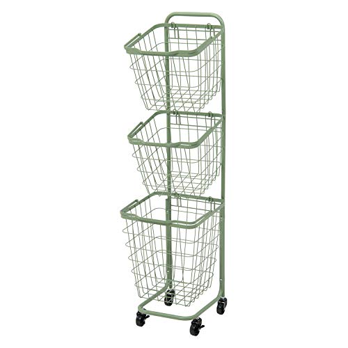 萩原 ランドリーラック バスケット 脱衣 洗濯物 かご 3段 【取り外し・積み重ねOK】 大容量 ランドリーワゴン ワイヤー キャスター付 グリーン KR-3971GR