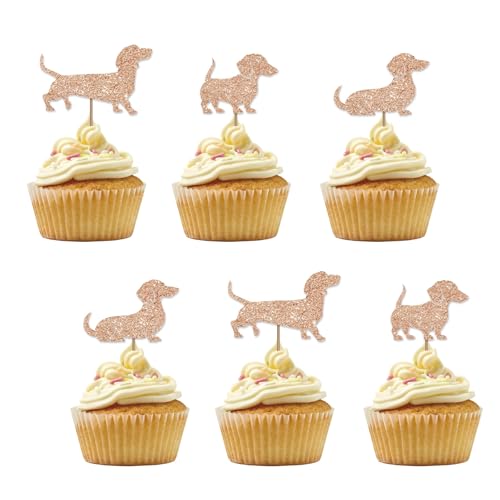 Set of 24 Dachshund Cupcake Toppers, Pet Dog Birthday Cupcake Toppers, Brown Glitter Pet Dog Puppy Cupcake Picks for Hotdog Bar Party, Dachshund Party Supplies