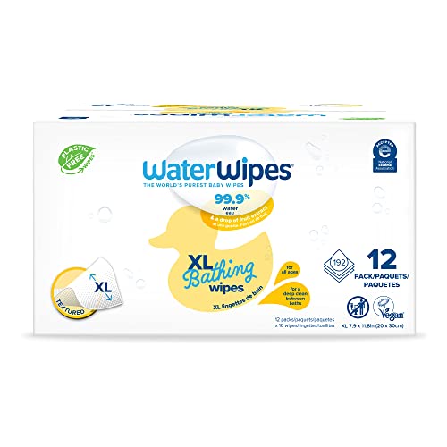 Image of WaterWipes Plastic-Free XL Bathing Wipes for Toddlers & Babies, 99.9% Water Based Wipes, Unscented & Hypoallergenic for Sensitive Skin, 192 Count (12 pack), Packaging May Vary