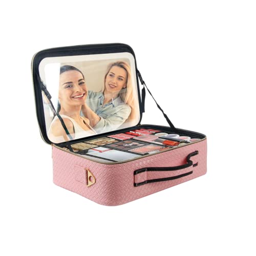 Travel Makeup Bag, Makeup Organizer Bag With Mirror 3 Color Adjustable Brightness Portable Cosmetic Train Travel Case Large Capacity Toiletry Makeup Bags For Women Girls (Pink) #TOP7