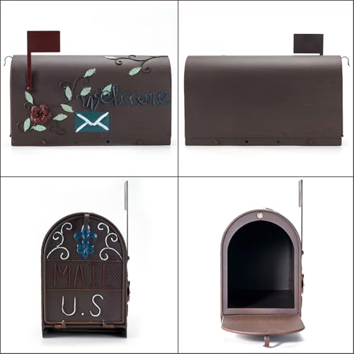Image of Vintage Metal Post-Mount Mailbox, Decorative Mailboxes for Outside with Floral & Welcome Design