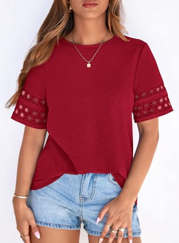 PRETTYGARDEN Summer Tops for Women 2026 Lace Short Sleeve T-Shirts Casual Blouses Spring Fashion Clothes Vacation Outfits (Red,X-Large) — view 2