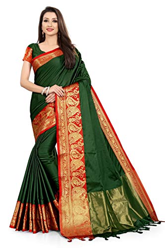 TreegoArt Fashion Ethnische indische Saree aus Baumwolle und Seide für Damen mit ungesticktem Blusenteil -(Richa-GreenRed) Cover