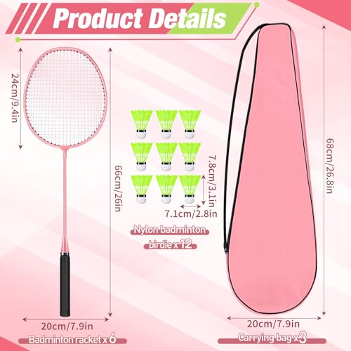Chitidr 12 Pack Badminton Rackets Set Including Badminton Racquets, Nylon Shuttlecocks and Carry Bag for Outdoor Backyard Games Beginners(6 Pack,Pink)