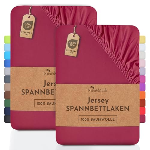 NatureMark 2er Pack Jersey Spannbettlaken, Spannbetttuch 100% Baumwolle in vielen Größen und Farben MARKENQUALITÄT ÖKOTEX Standard 100 | 90 x 200 cm - 100 x 200 cm - Bordeaux rot