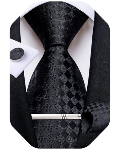 Image of DiBanGu Mens Silk Plaid Tie and Pocket Square Set | Elegant Silk Formal Tie Set, Woven Check Necktie and Cufflinks Tie Clip Set, Perfect for Wedding Party, Comes in Gift Box