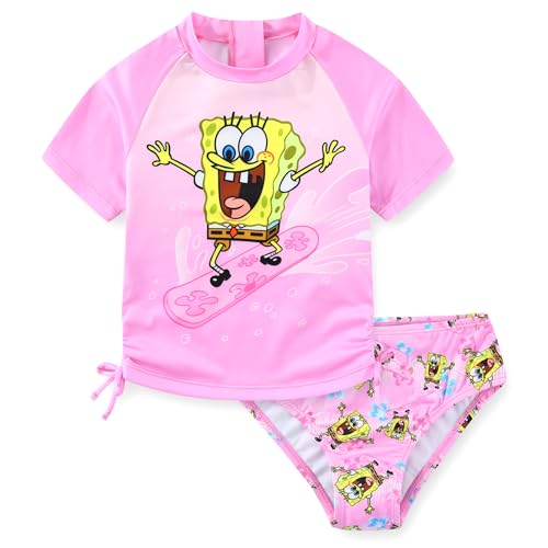 SPONGEBOB SQUAREPANTS Girls UPF 50+ Rash Guard Shirt and Bikini Bottom Two Piece Swimsuit Set for Toddler and Big Kids Pink