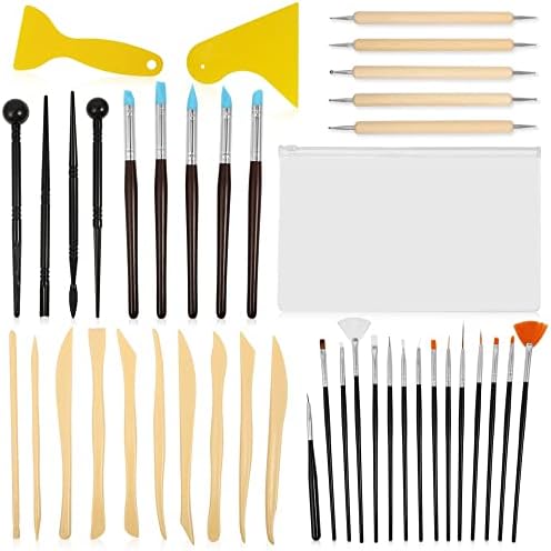 Amytalk 42PCS Carving Modeling Clay Sculpting Fondant Tool including Cookie Decoration Brushes Carved Round Ball Sticks Ceramic Scrapers Double Sided Dot Tools Silicone Tip Pens with Storage Bag