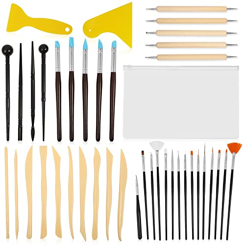 Amytalk 42Pcs Carving Modeling Clay Sculpting Fondant Tool Including Cookie Decoration Brushes Carved Round Ball Sticks Ceramic Scrapers Double Sided Dot Tools Silicone Tip Pens With Storage Bag #TOP7