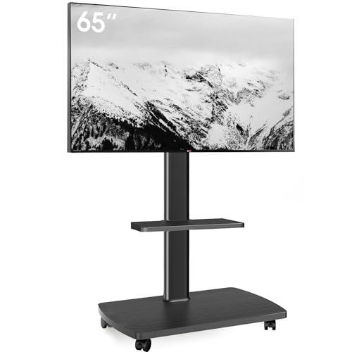 AOKCOS TV Ständer Rollbar mit Holzablage Regal, Fernsehständer auf Rollen für 32-65 Zoll Fernseher, TV Bodenständer Höhenverstellbar Schwenkbar, bis 40 kg Max. VESA 400x400mm (Schwarz)