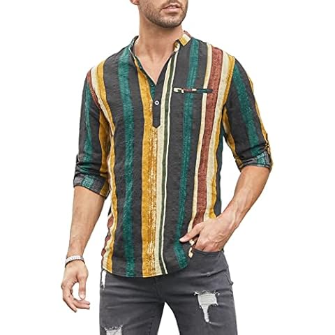 Elegancity Men's Henley Shirts Linen Cotton Long Sleeve Holiday Beach Shirt Casual Hawaiian Striped Summer Tops (Brown, Large) Cover