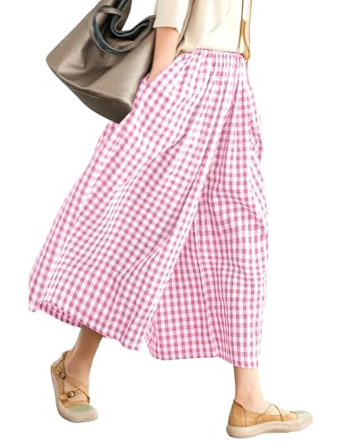 Image of LOMON Womens Wide Leg Capri Pants Gingham Plaid Culottes Summer Elastic Waist Palazzo Trousers Bottoms with Pockets