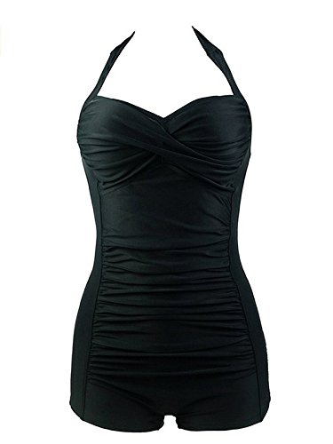 Zando Women's Plus Size Swimwear Retro Halter Top Tummy Control Bathing Suits One Piece Swimsuit with Boyshort for Women A Vintage Black 3XL (US 10-12)