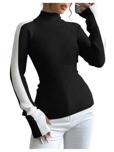 Verdusa Women's Striped Sweater Ribbed Knit Color Block Sweater High Neck Long Sleeve Fitted Pullovers