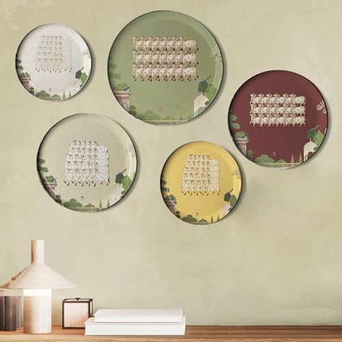Image of Pichwai Nandi Cow Wall Plates- Elegant Metal Wall Decor Set for Living Room, Bedroom & Office | Decorative Wall Art & Home Decor Gift Items for Men & Women | Set of 5