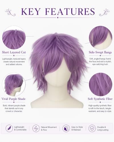 Image of Rose bud Light Purple Anime Wig Cosplay Layered Wigs with Bangs for Women Men