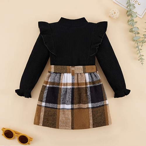 Image of Weixinbuy Toddler Girl Fall Winter Clothes Solid Long Sleeve Ribbed T-Shirt Knit Tops Plaid Button Mini Skirts Set Outfits