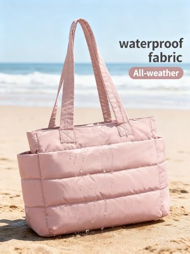 Image of charlore Tote Bag for Women, Puffer Quilted Handbag with Compartments Lightweight Puffy Shoulder Bag for Travel, Work, Gym