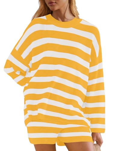Image of Panadila Womens Striped Sweater Set Oversized Lounge Sets Matching Pajamas Long Sleeve Sweater Top and Shorts