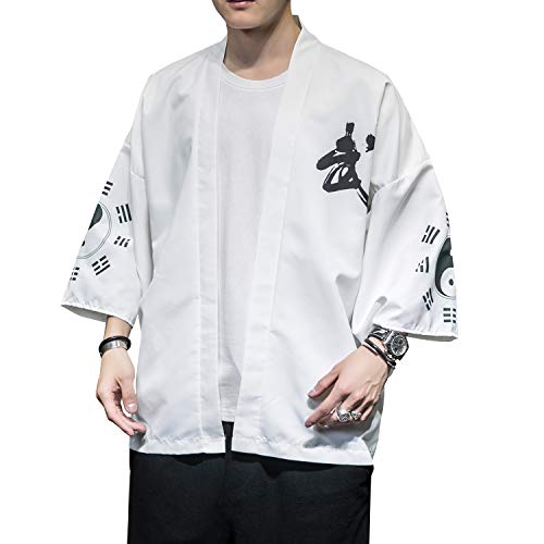 Image of Men's Japanese Kimono Robe Jacket Lightweight 3 /4 Sleeve Open Front Yukata | Silky Smooth Fashion Print Happi Coat Lightweight Breathable Loose Unisex Haori Casual Summer Cardigan Daily Beach Vacation