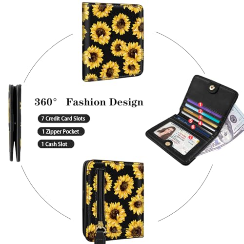 Image of Small Womens Wallet Thin Credit Card Holder Pocket Mini Purse | Compact Women Slim RFID Blocking Wallets Bifold Ladies Pocket Card Holders for Travel & Daily Use, Sunflower