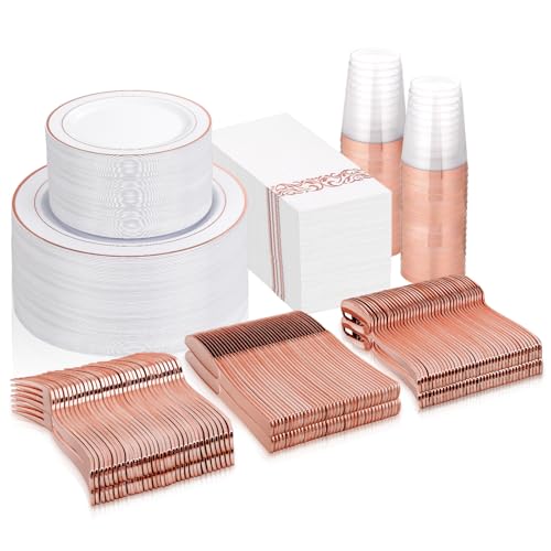 Supernal 400pcs Rose Gold Plastic Plates Disaposable Heavy Duty included Disposable Utensils&...