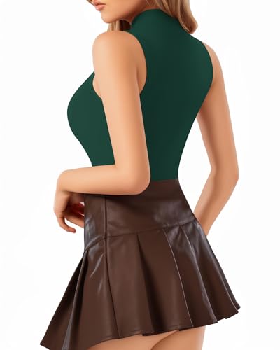 Image of MANGOPOP Women's Mock Turtle Neck /V Neck /Scoop Neck Long Sleeve /Sleeveless Tank Tops Bodysuit Jumpsuit (A1 Sleeveless - Deep Green (Modal), Large)