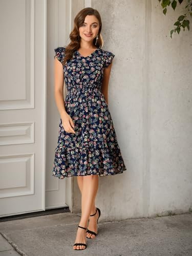 Image of Allegra K Women's Floral Dress Spring Summer V Neck Flutter Sleeve Ruffle Casual Smocked Knee Length Dresses