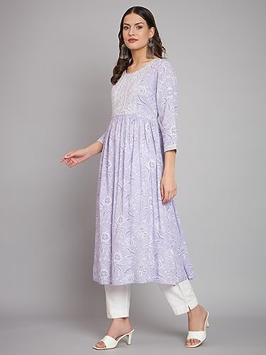 Image of Rapsodia Women Rayon Printed Naira Cut Kurta with Embroidered Yoke
