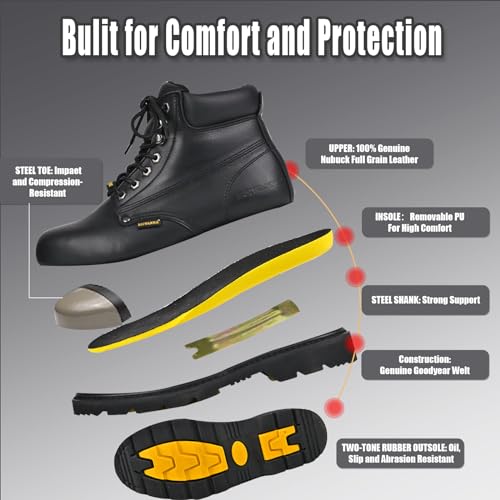 Work Boots for Men, Steel Toe, Leather, Oil, Slip and Heat Resistant Heavy Duty Wide Industrial & Construction Safety Boots, US 7-17 M & W3