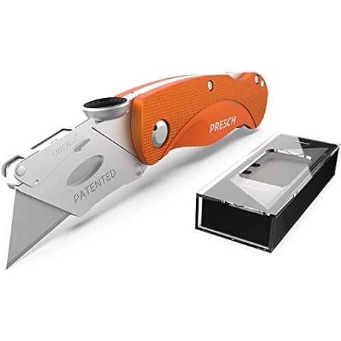 Presch Utility Knives - Foldable Professional Extra-Sharp Metal Cutter Knife - 10 Spare Blades for Cutting Carpet and for Tradesman - Folding Knife Cover